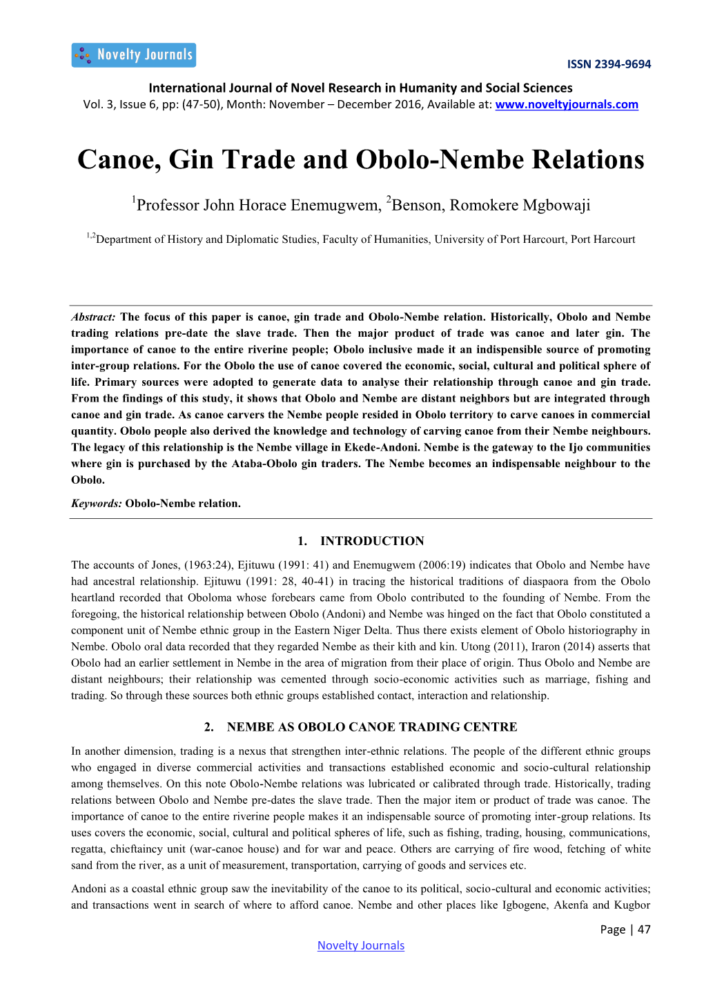 Canoe, Gin Trade and Obolo-Nembe Relations