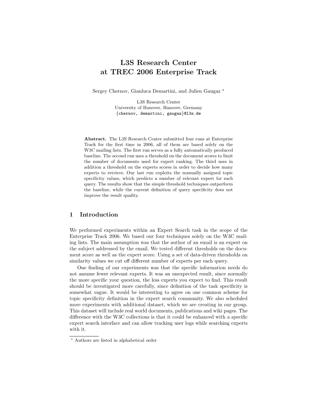 L3S Research Center at TREC 2006 Enterprise Track