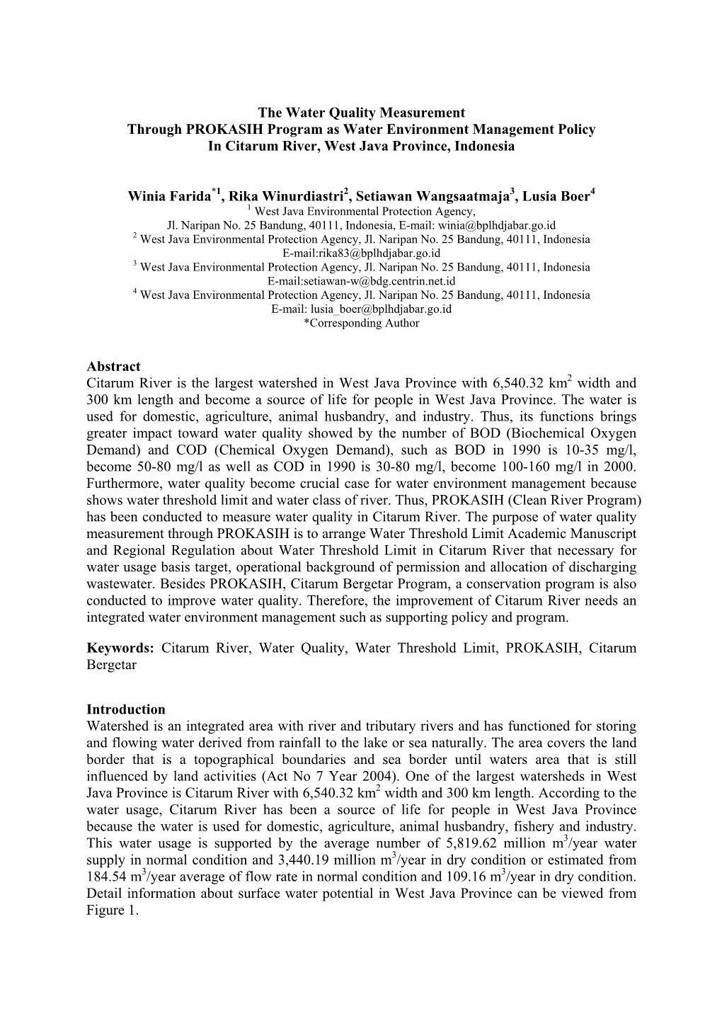 The Water Quality Measurement Through PROKASIH Program As Water Environment Management Policy in Citarum River, West Java Province, Indonesia