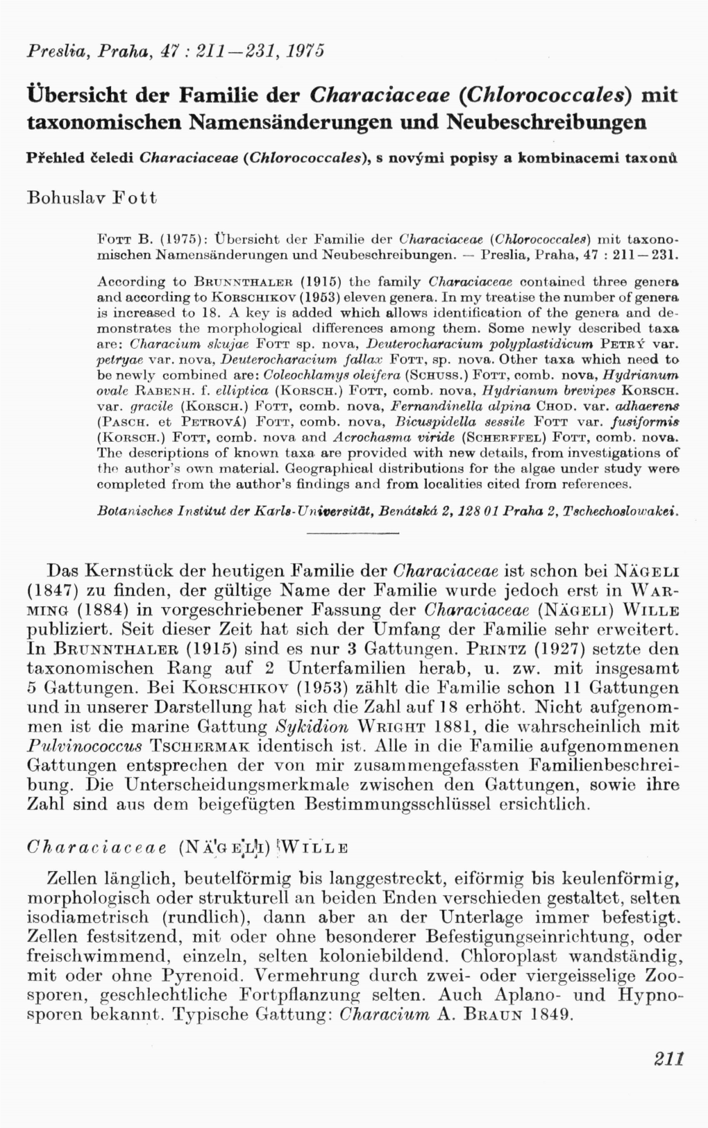 Übersicht Der Familie Der Characiaceae (Chlorococcales) Mit Taxonomischen Namensänderungen Und Neubeschreibungen