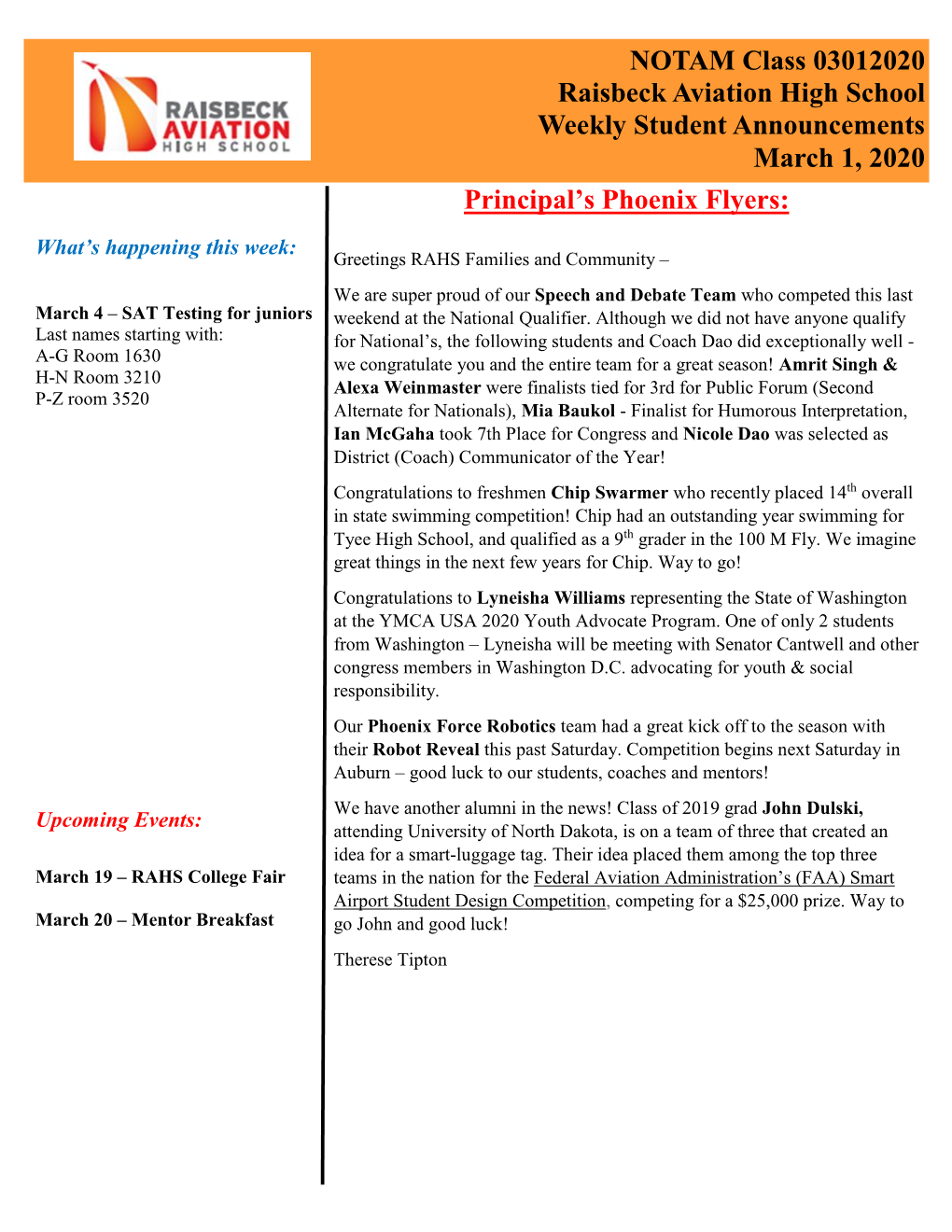 Principal's Phoenix Flyers: NOTAM