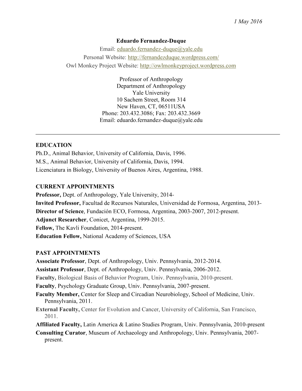 Dr. Fernandez-Duque's Curriculum Vitae