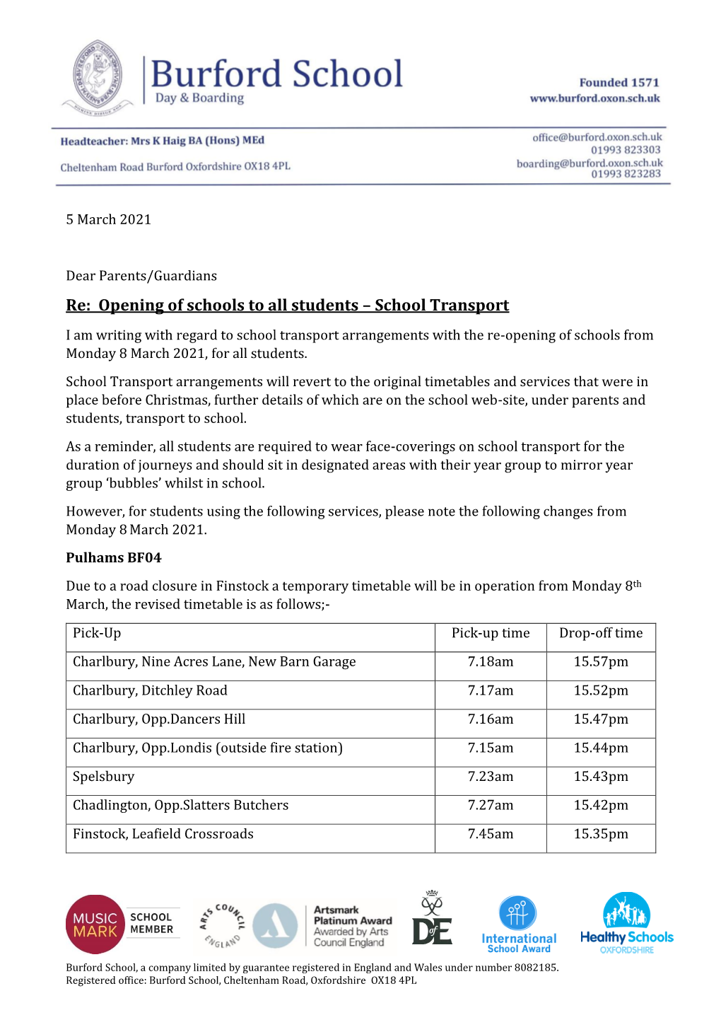 Re: Opening of Schools to All Students – School Transport