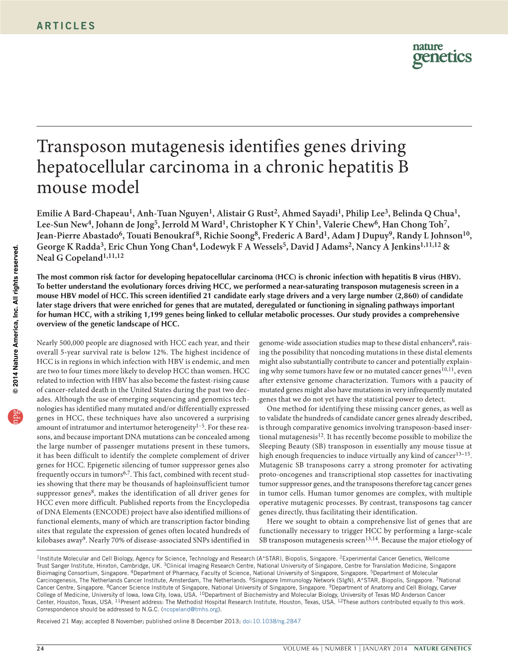 Transposon Mutagenesis Identifies Genes Driving Hepatocellular Carcinoma in a Chronic Hepatitis B Mouse Model