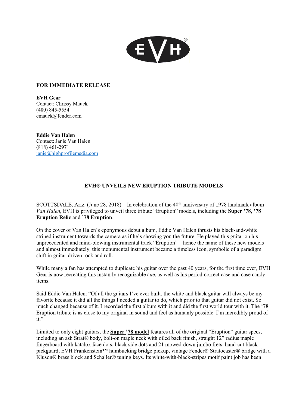 For Immediate Release Evh® Unveils New Eruption