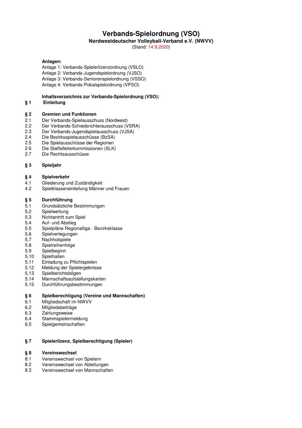 Verbands-Spielordnung (VSO) Nordwestdeutscher Volleyball-Verband E.V