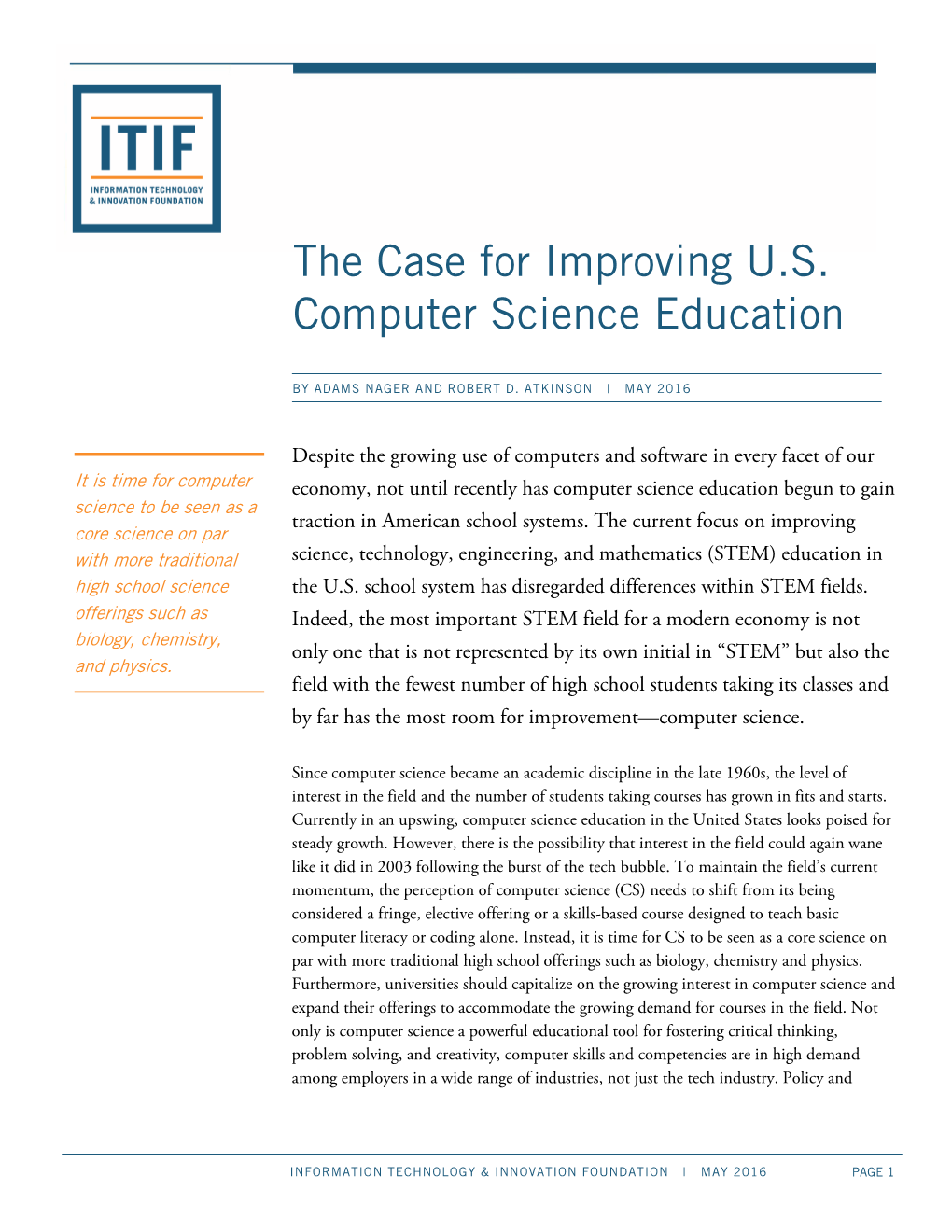 The Case for Improving U.S. Computer Science Education