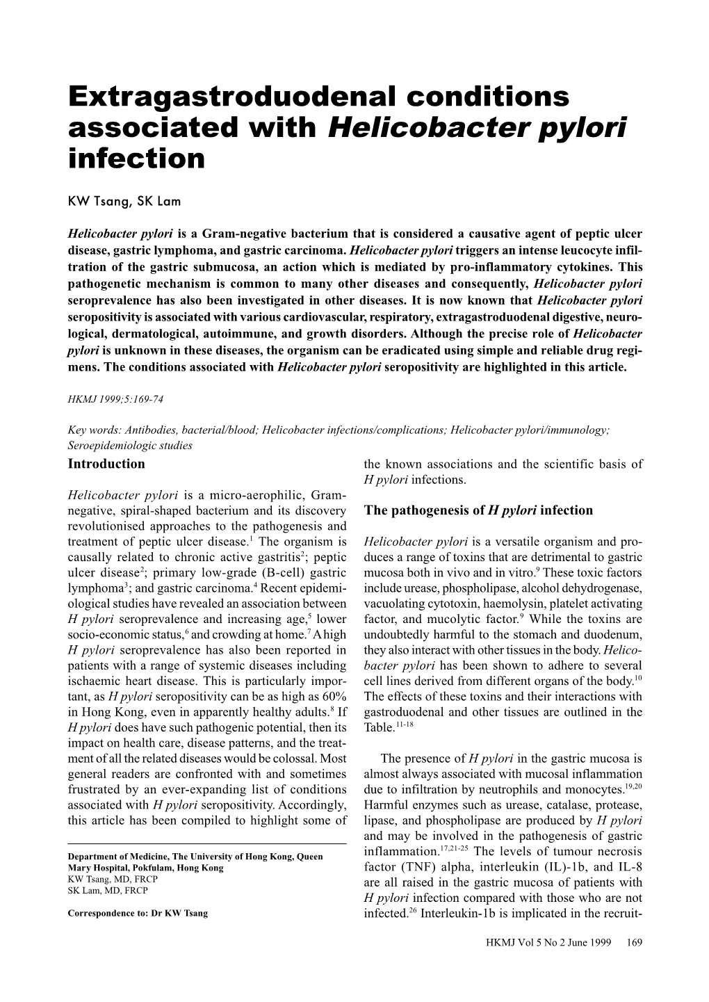 Extragastroduodenal Conditions Associated with Helicobacter Pylori Infection