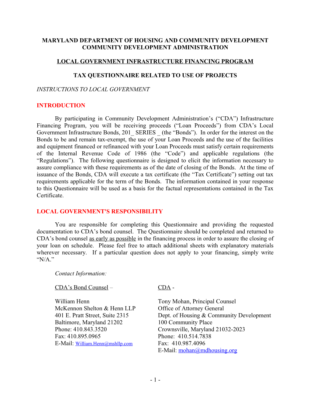 Form of Tax Questionnaire - Cda Infrastructure (04009239-7)