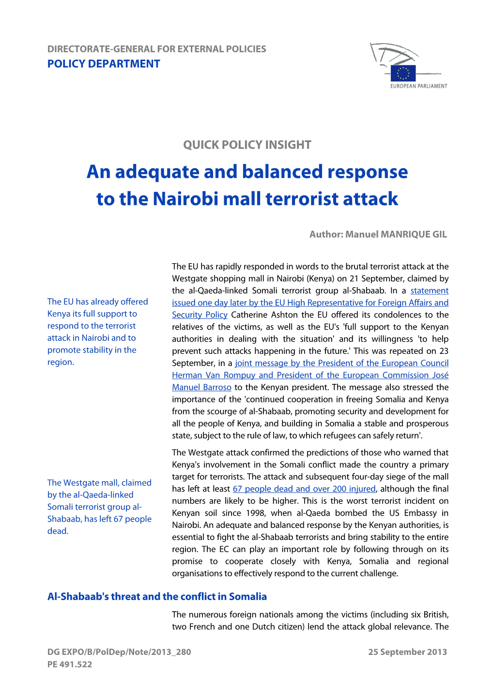 An Adequate and Balanced Response to the Nairobi Mall Terrorist Attack Territories in Somalia, Its Terrorist Attacks, Including in the Somali Capital, Mogadishu