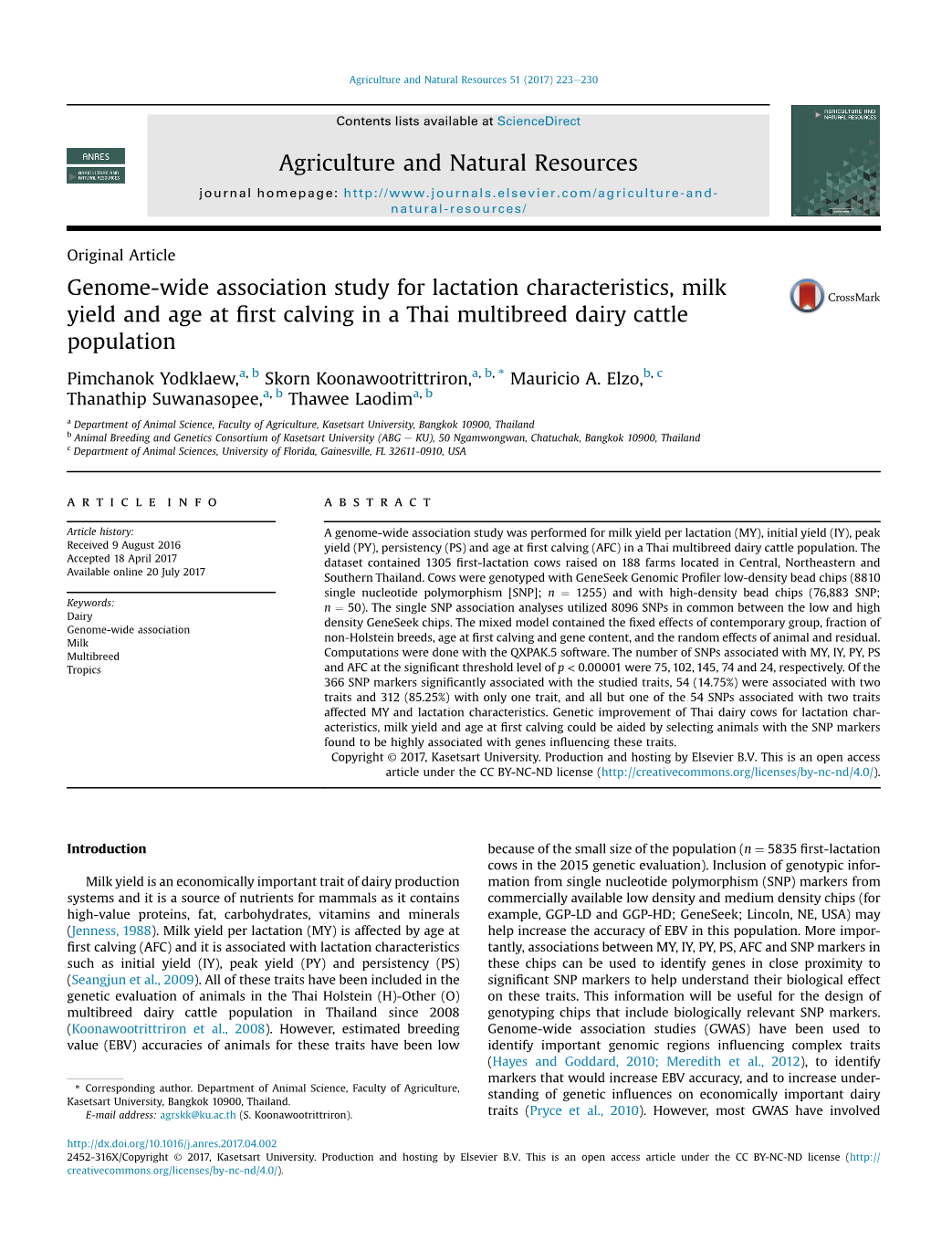 Genome-Wide Association Study for Lactation Characteristics, Milk Yield and Age at ﬁrst Calving in a Thai Multibreed Dairy Cattle Population