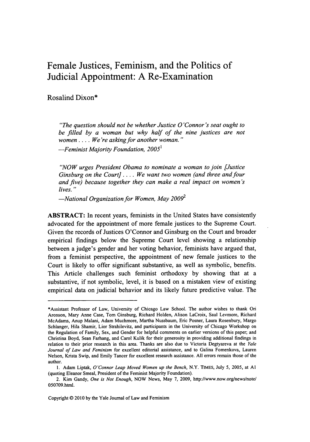 Female Justices, Feminism, and the Politics of Judicial Appointment: a Re-Examination