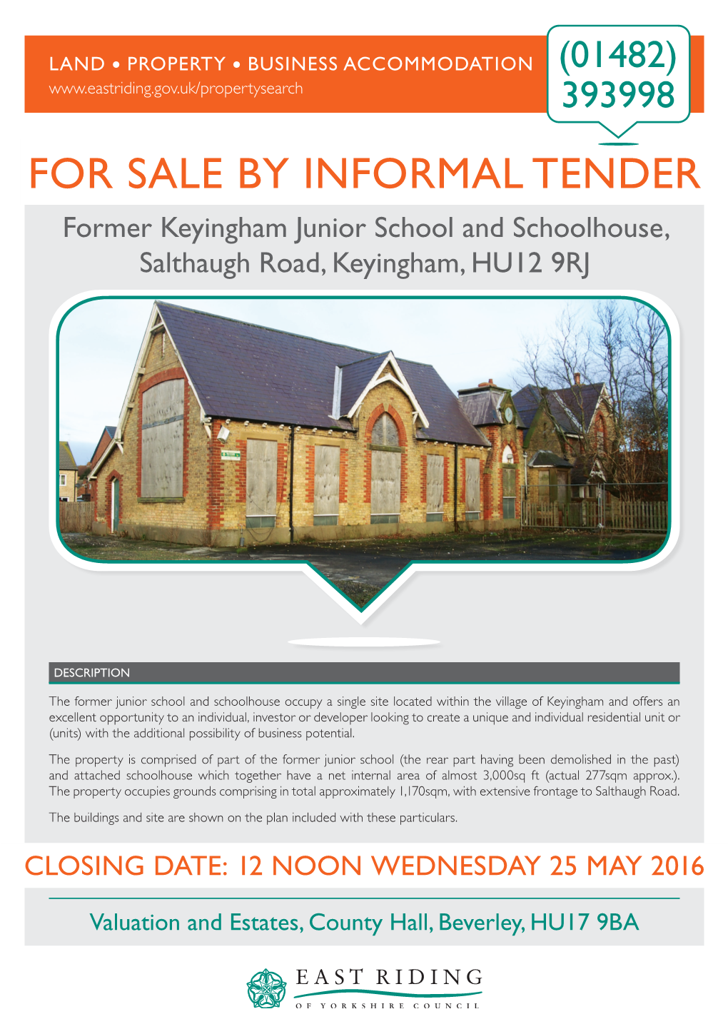 FOR SALE by INFORMAL TENDER Former Keyingham Junior School and Schoolhouse, Salthaugh Road, Keyingham, HU12 9RJ