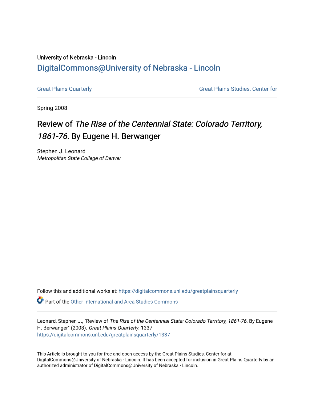 Colorado Territory, 1861-76. by Eugene H. Berwanger