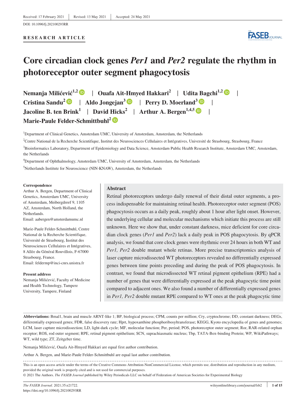 Core Circadian Clock Genes Per1 and Per2 Regulate the Rhythm in Photoreceptor Outer Segment Phagocytosis