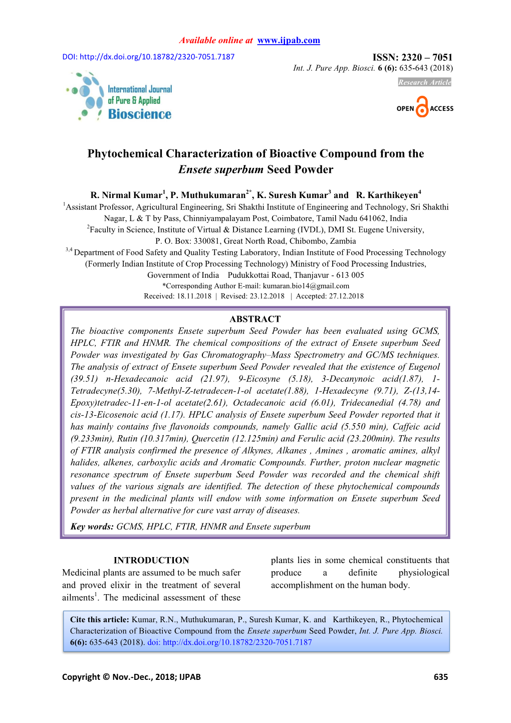 Phytochemical Characterization of Bioactive Compound from the Ensete Superbum Seed Powder