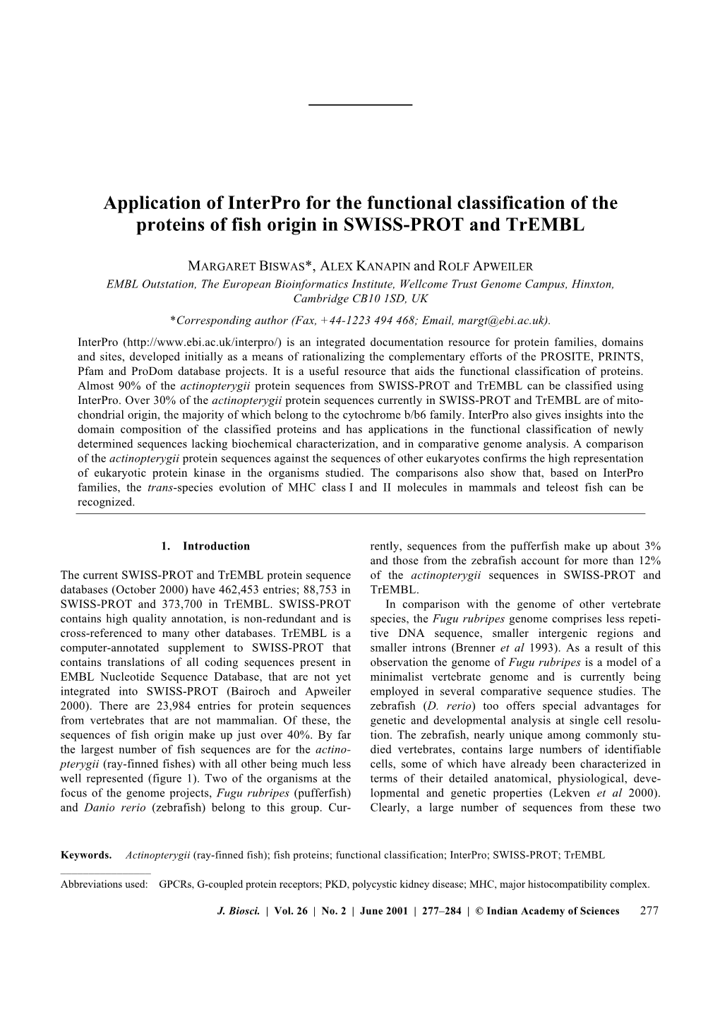 Application of Interpro for the Functional Classification of the Proteins of Fish Origin in SWISS-PROT and Trembl