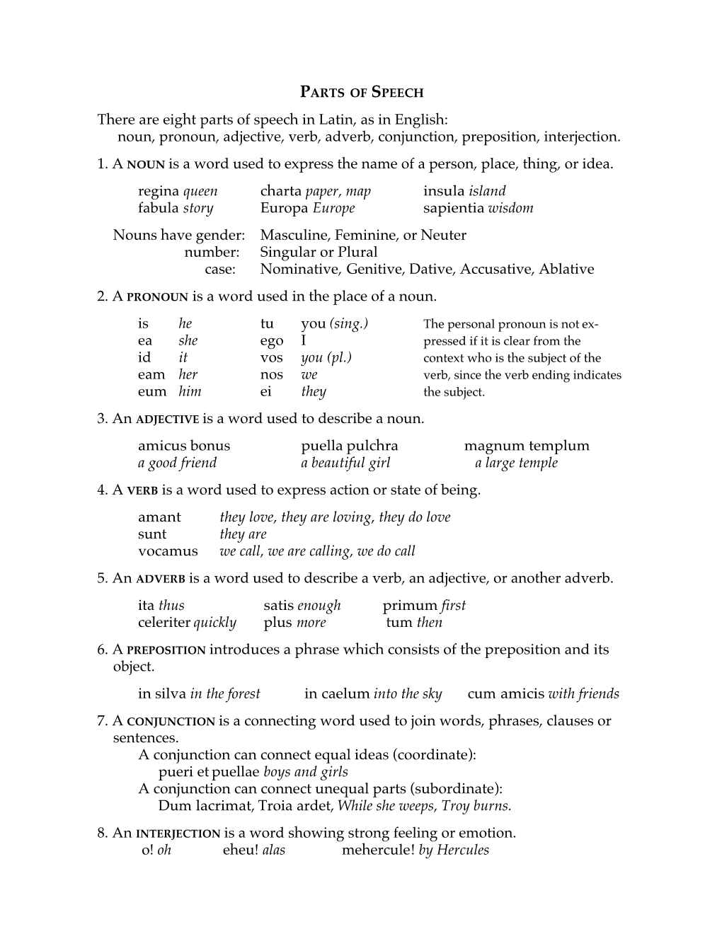 There Are Eight Parts of Speech in Latin, As in English: Noun, Pronoun, Adjective, Verb, Adverb, Conjunction, Preposition, Interjection