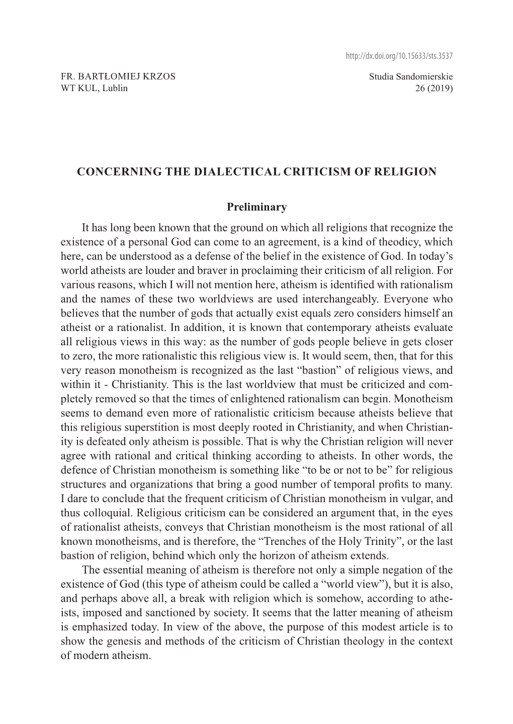 Concerning the Dialectical Critisism of Religion