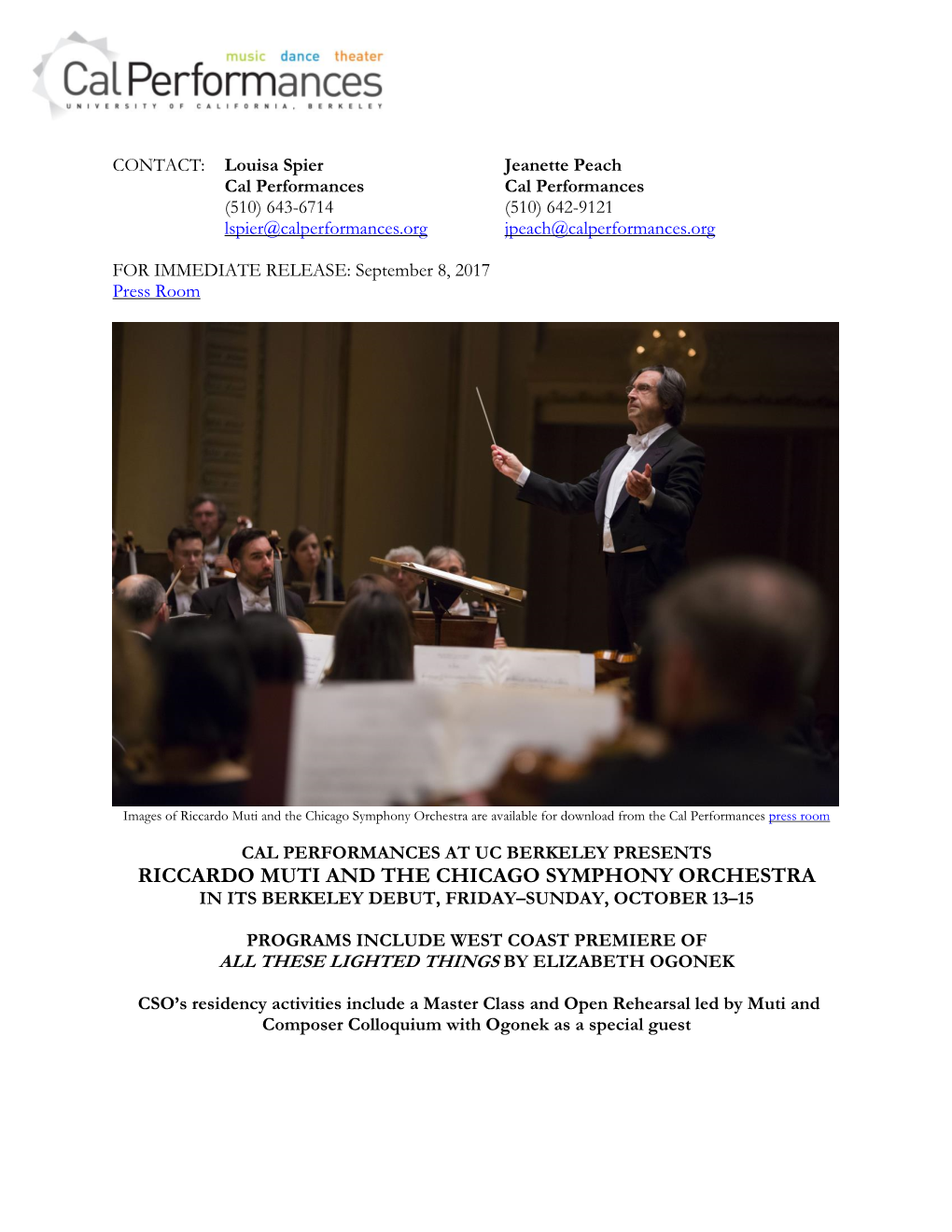 Riccardo Muti and the Chicago Symphony Orchestra Are Available for Download from the Cal Performances Press Room