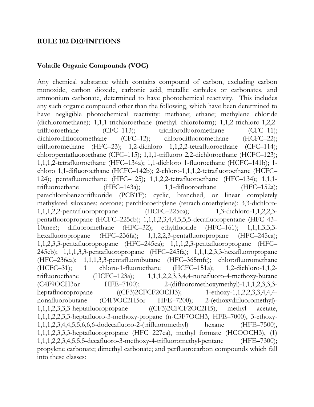 RULE 102 DEFINITIONS Volatile Organic Compounds (VOC) Any Chemical Substance Which Contains Compound of Carbon, Excluding Carbo