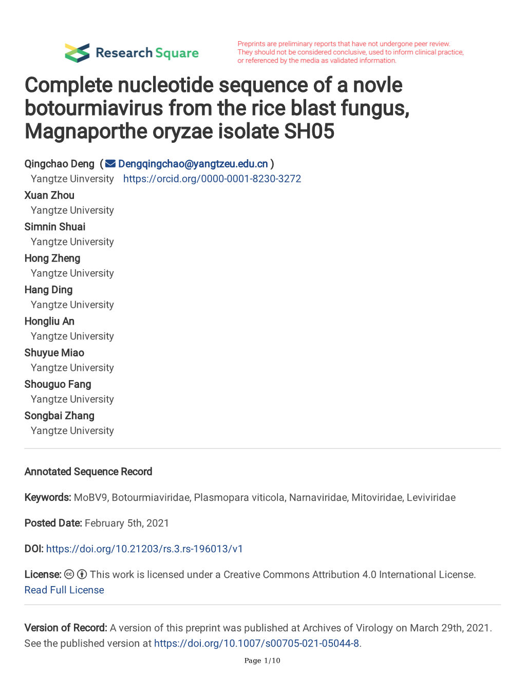 Complete Nucleotide Sequence of a Novle Botourmiavirus from the Rice Blast Fungus, Magnaporthe Oryzae Isolate SH05