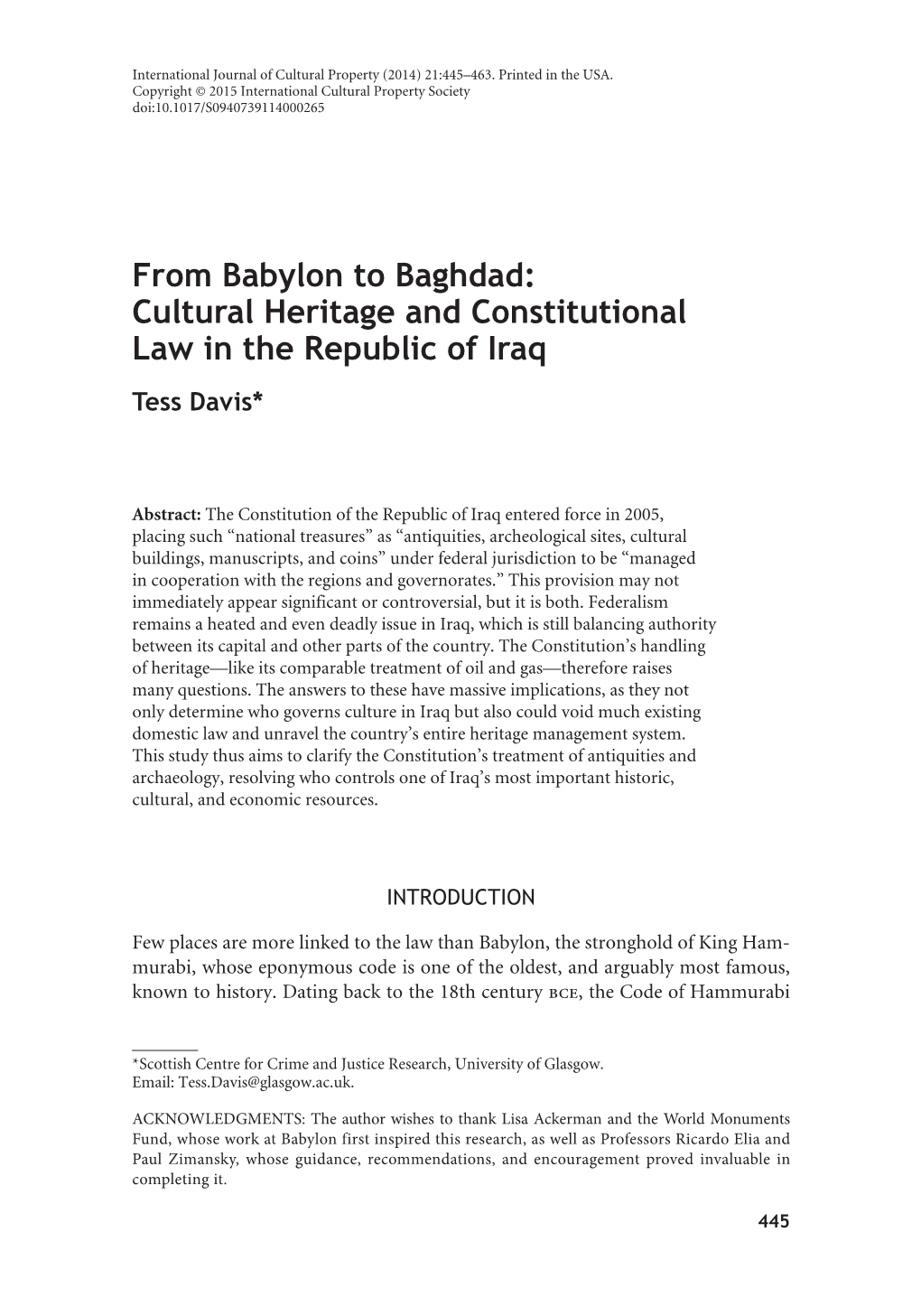 From Babylon to Baghdad: Cultural Heritage and Constitutional Law in the Republic of Iraq Tess Davis *