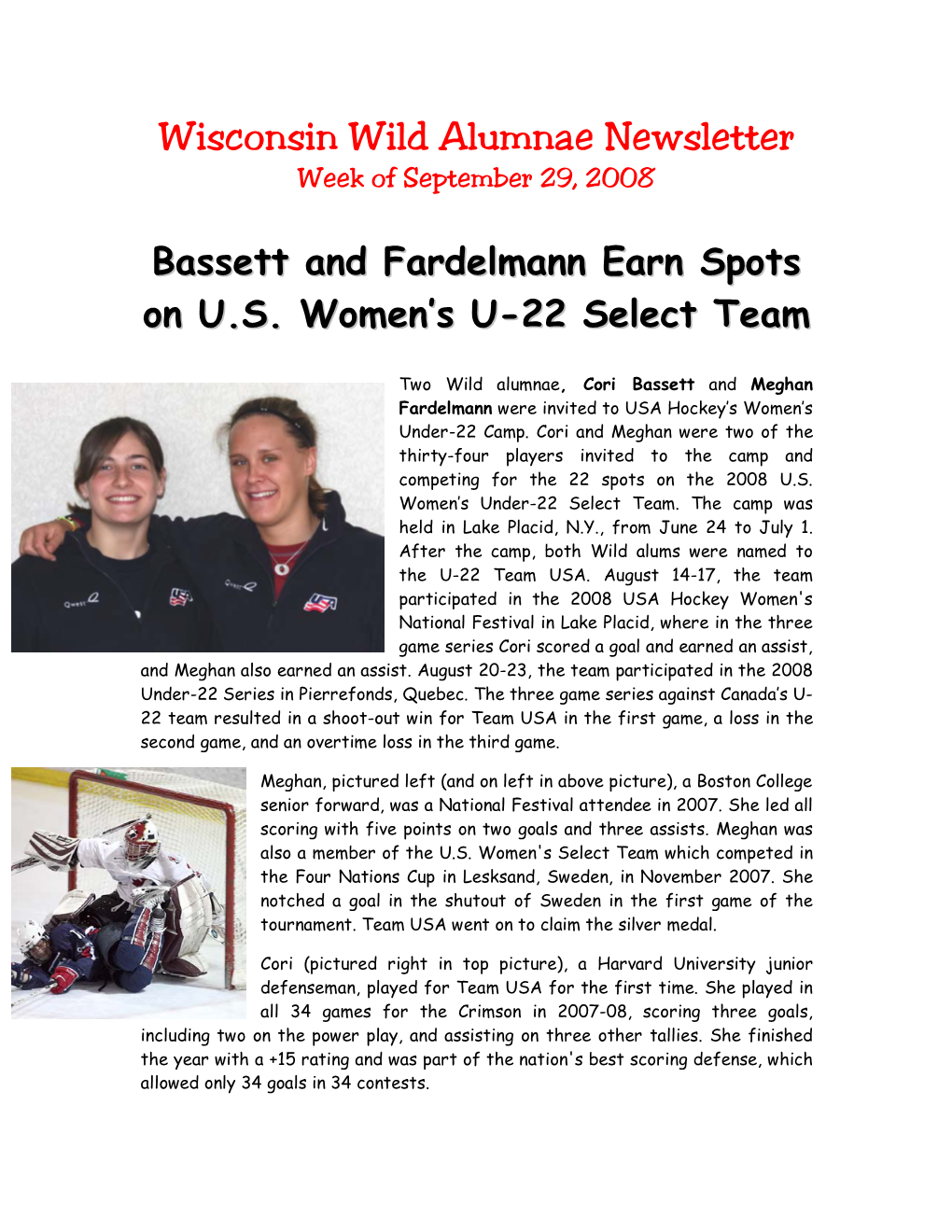 Wisconsin Wild Alumnae Newsletter Week of September 29, 2008