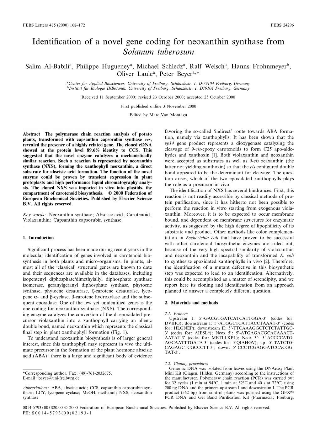 Identi¢Cation of a Novel Gene Coding for Neoxanthin Synthase from Solanum Tuberosum