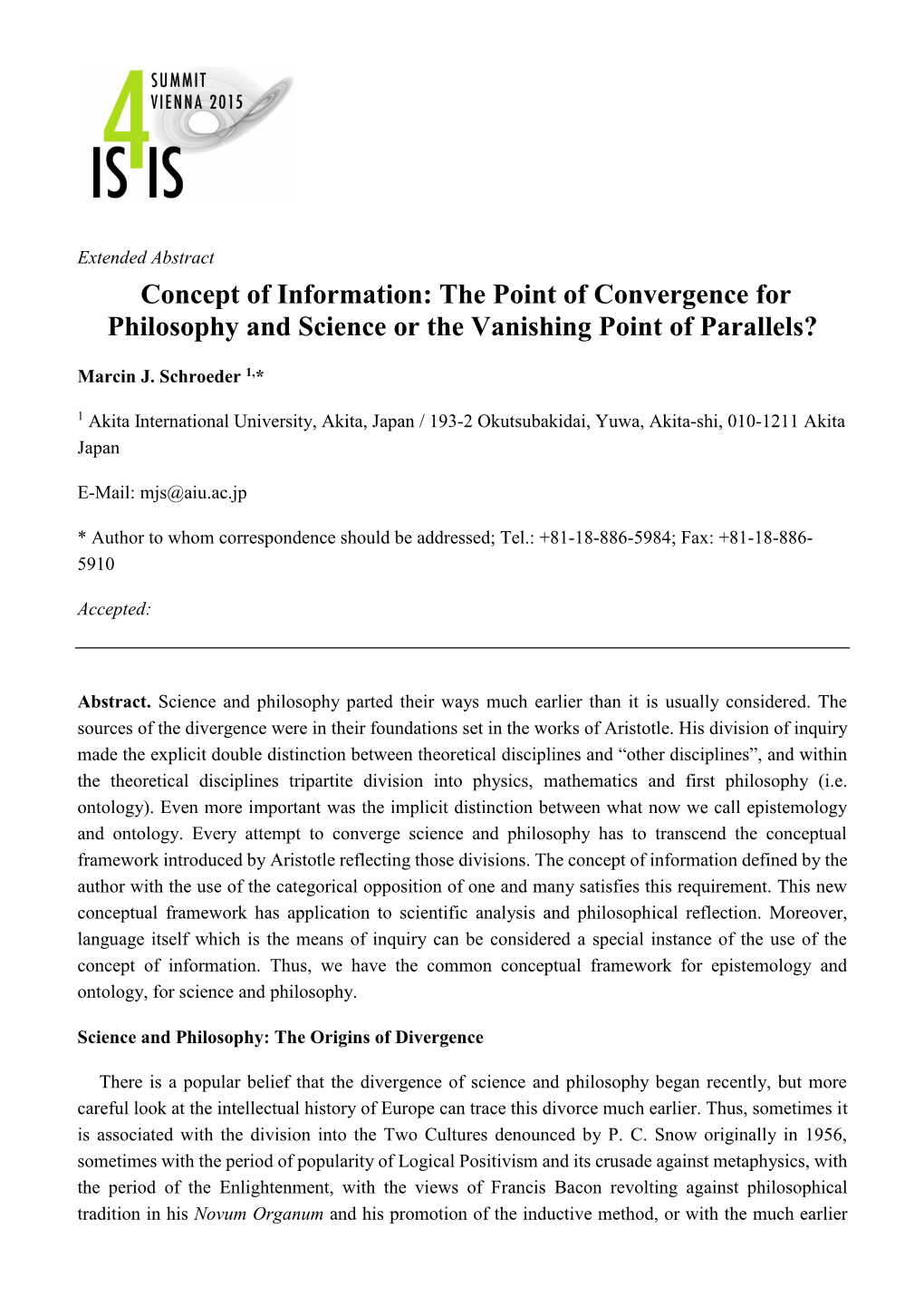 The Point of Convergence for Philosophy and Science Or the Vanishing Point of Parallels?