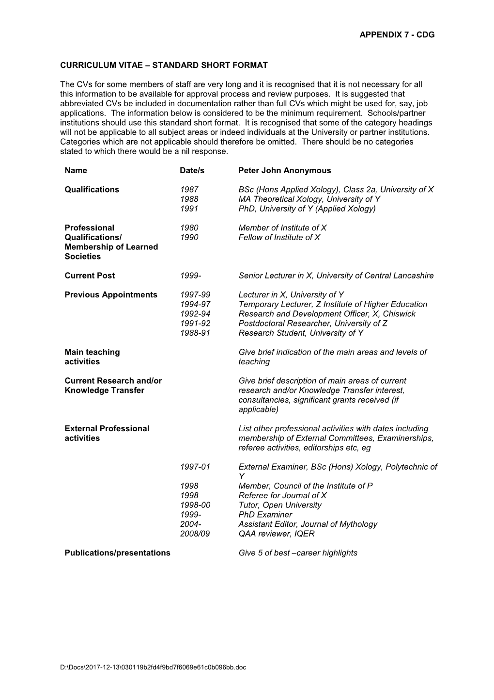 Curriculum Vitae - Standard Format