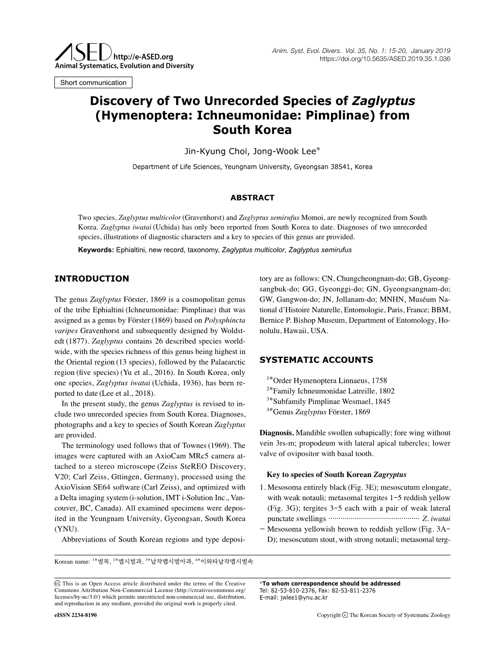 Discovery of Two Unrecorded Species of Zaglyptus (Hymenoptera: Ichneumonidae: Pimplinae) from South Korea