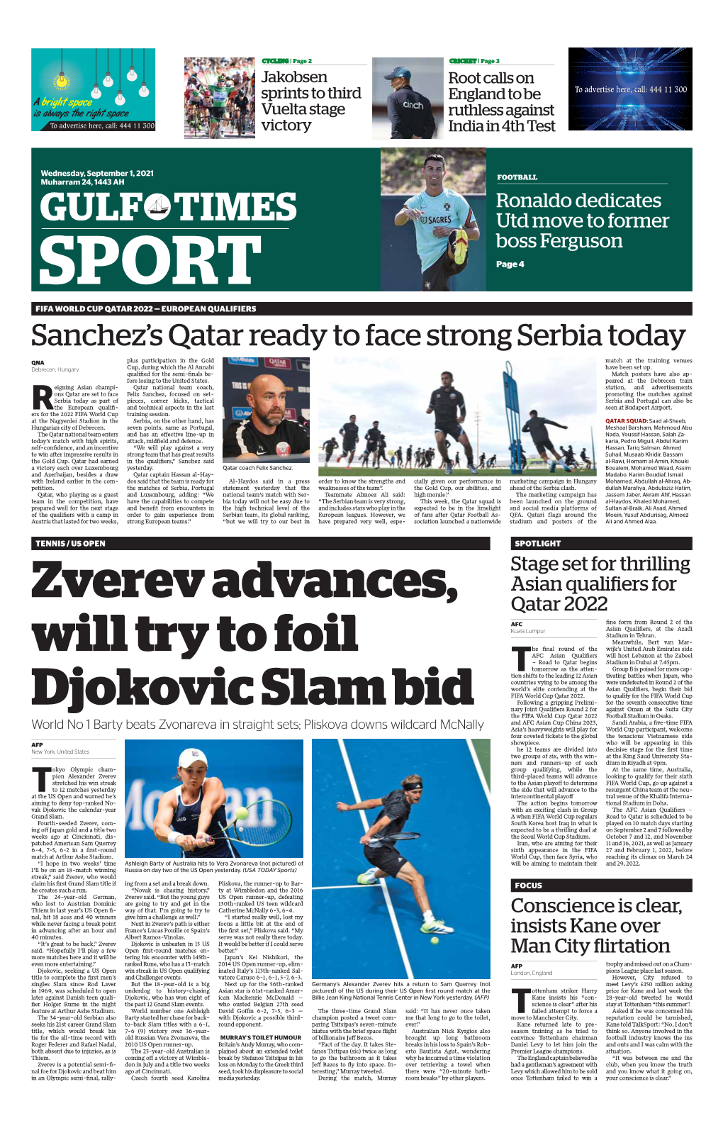 SPORT Page 4 FIFA WORLD CUP QATAR 2022 — EUROPEAN QUALIFIERS Sanchez’S Qatar Ready to Face Strong Serbia Today