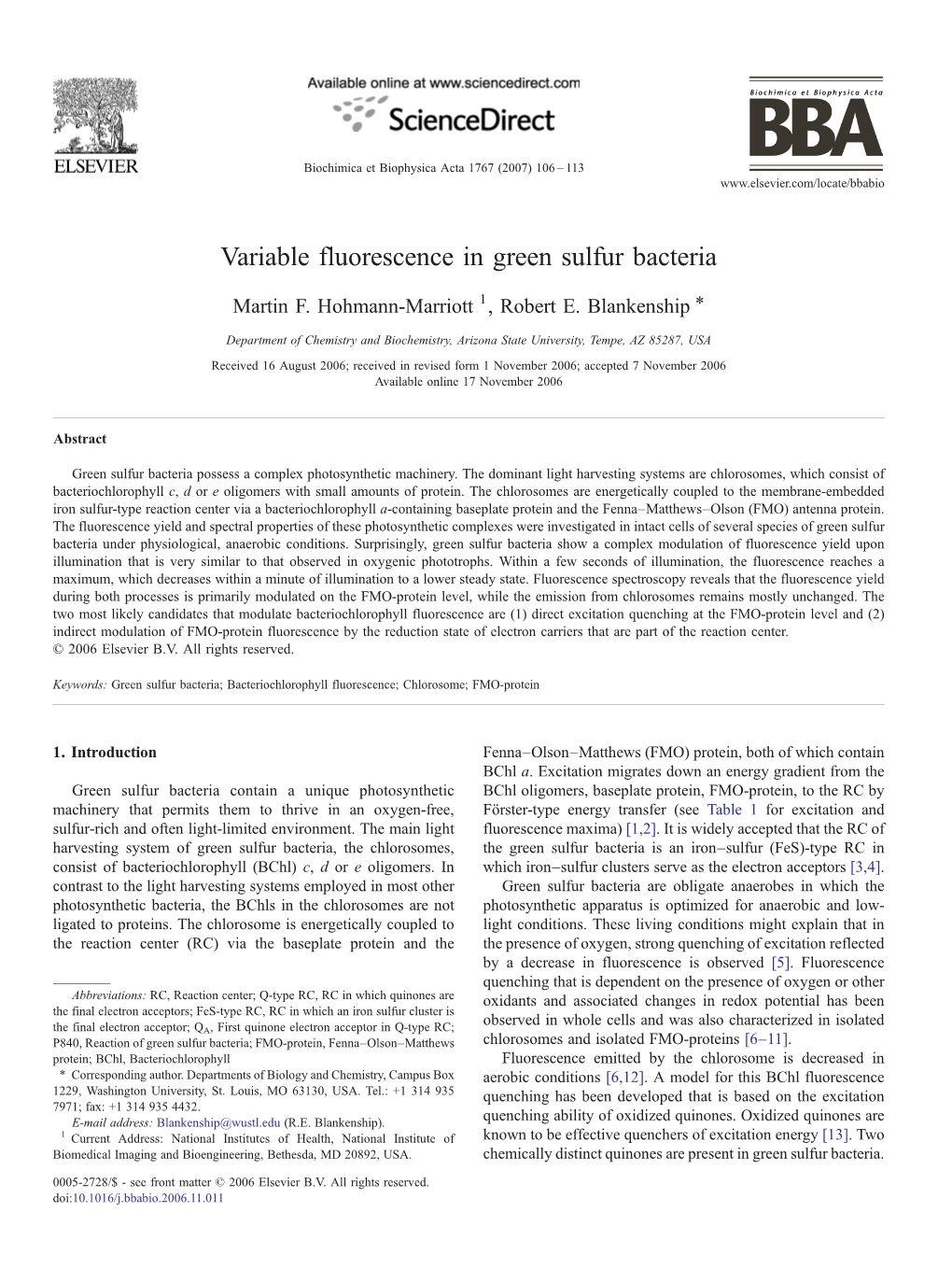 Variable Fluorescence in Green Sulfur Bacteria ⁎ Martin F