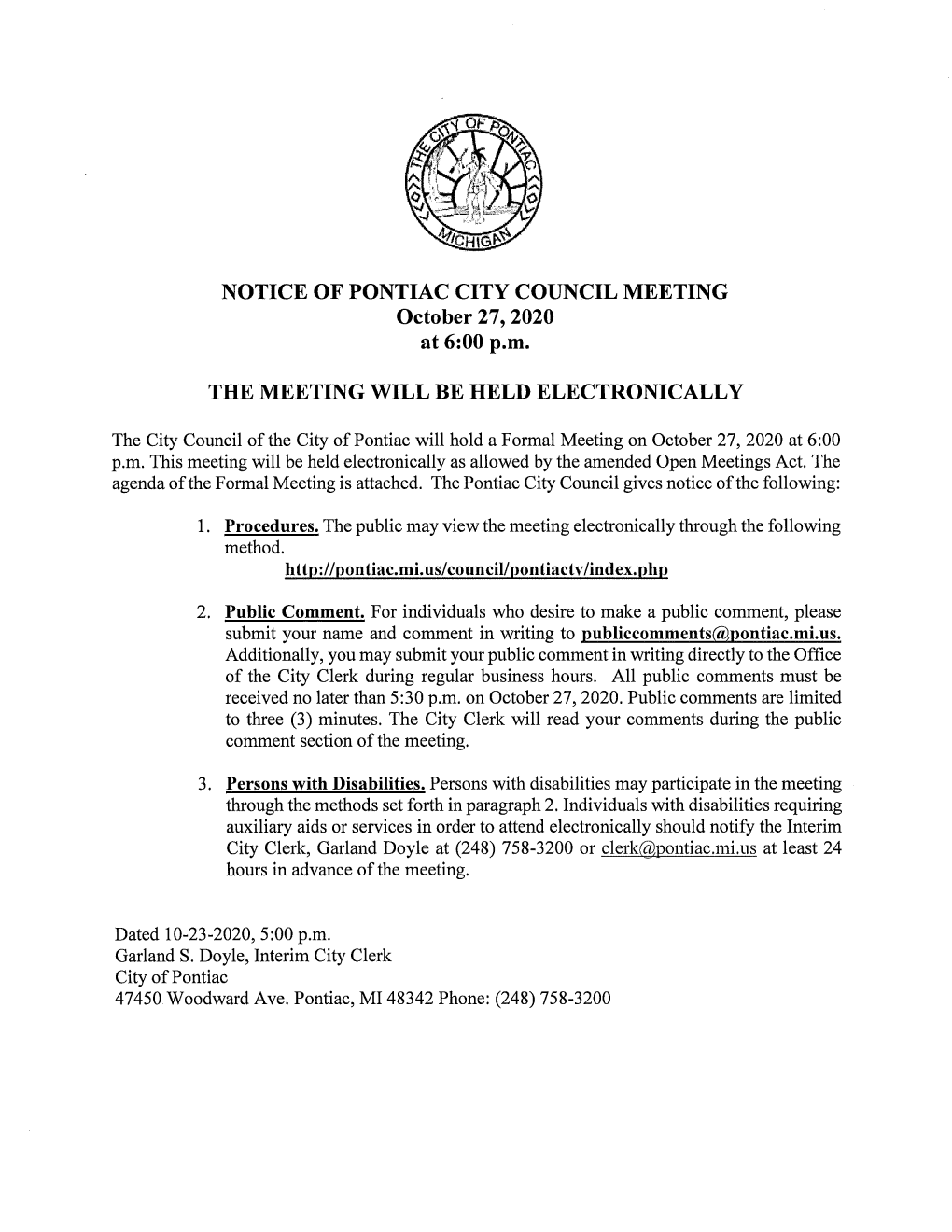NOTICE of PONTIAC CITY COUNCIL MEETING October 27, 2020 at 6:00 P.M