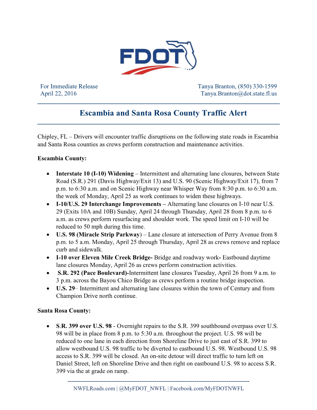 Escambia and Santa Rosa County Traffic Alert