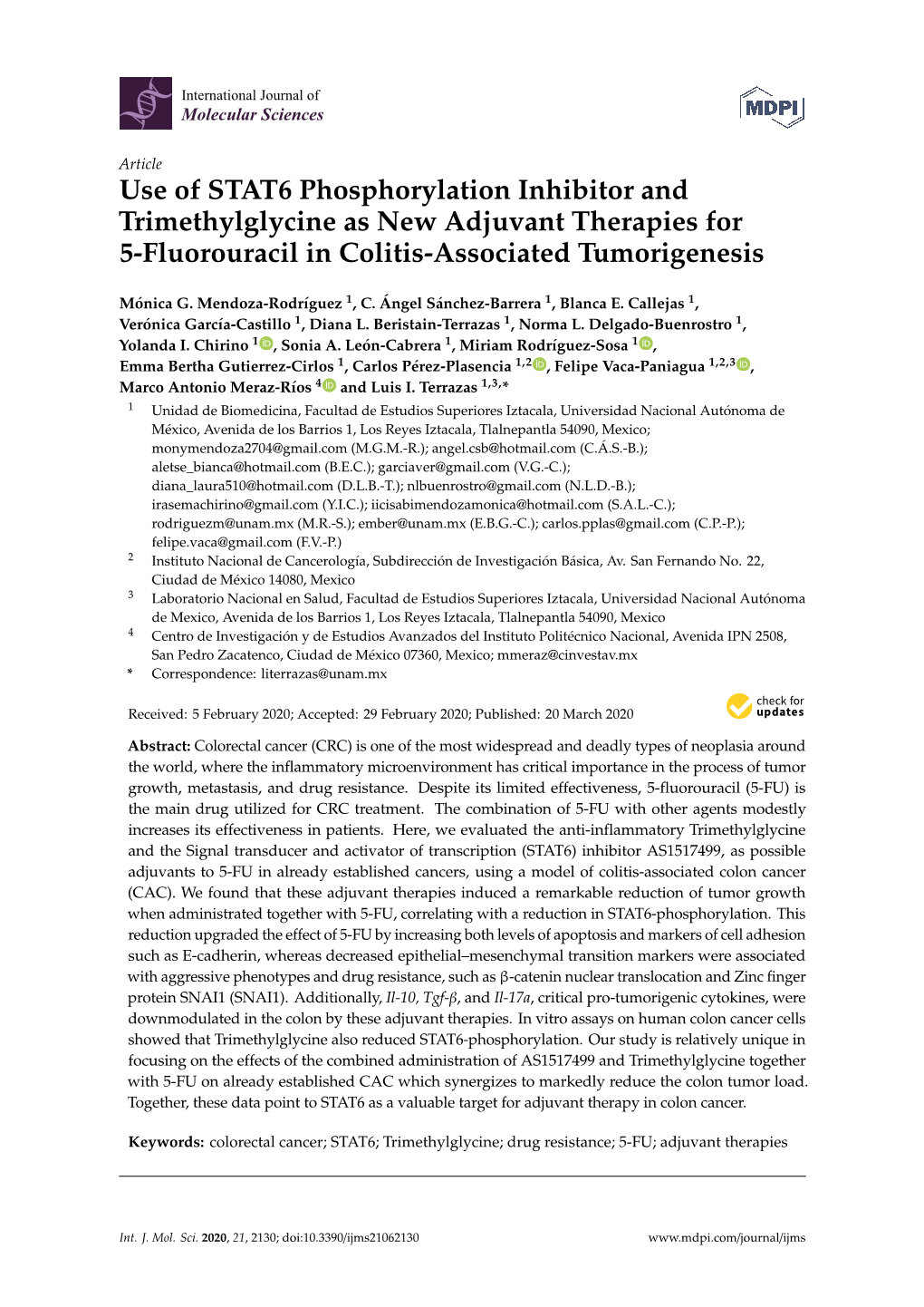 Use of STAT6 Phosphorylation Inhibitor and Trimethylglycine As New Adjuvant Therapies for 5-Fluorouracil in Colitis-Associated Tumorigenesis