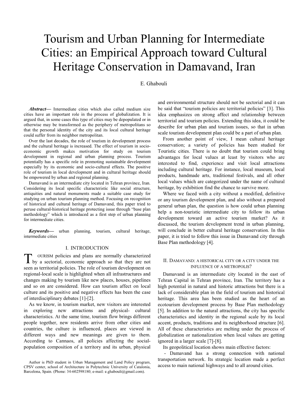 Tourism and Urban Planning for Intermediate Cities: an Empirical Approach Toward Cultural Heritage Conservation in Damavand, Iran