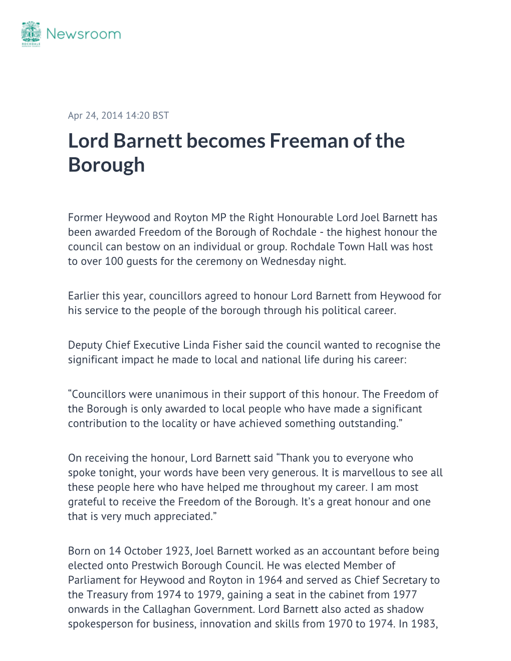 Lord Barnett Becomes Freeman of the Borough
