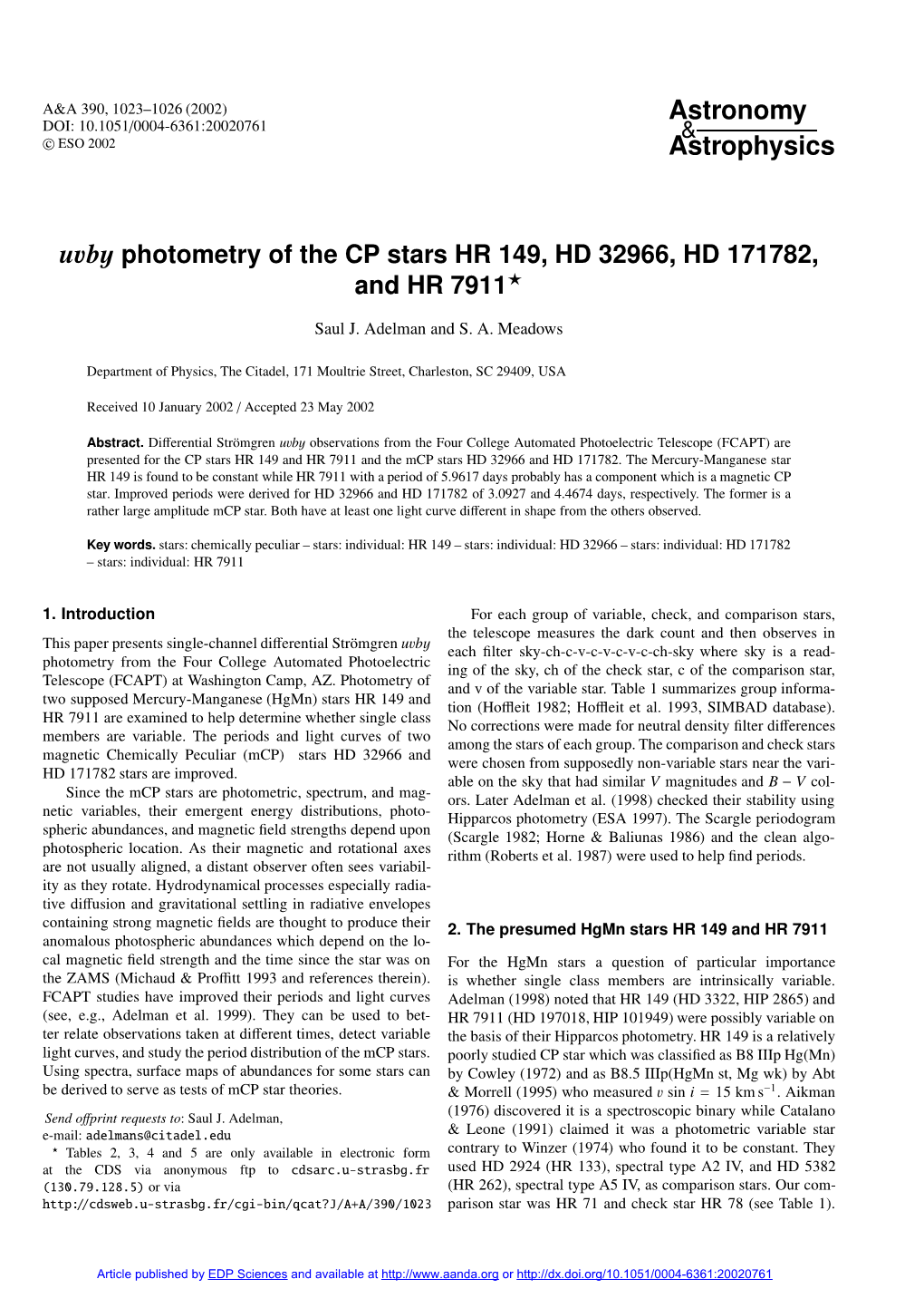 Vec{Uvby}$ Photometry of the CP Stars HR 149, HD 32966, HD 171782, and HR 7911