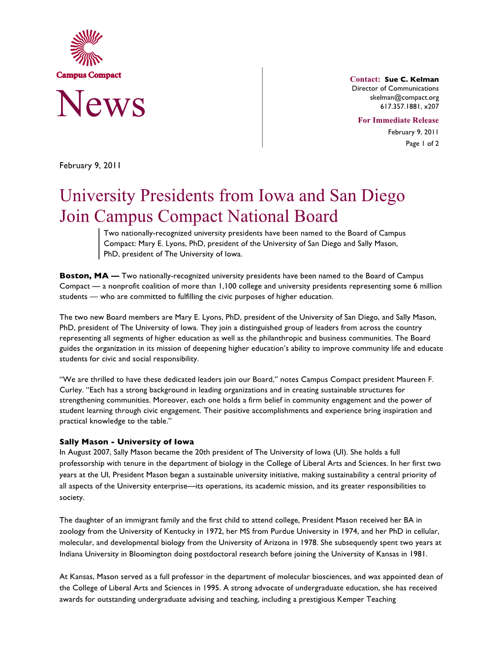 University Presidents from Iowa and San Diego Join Campus Compact