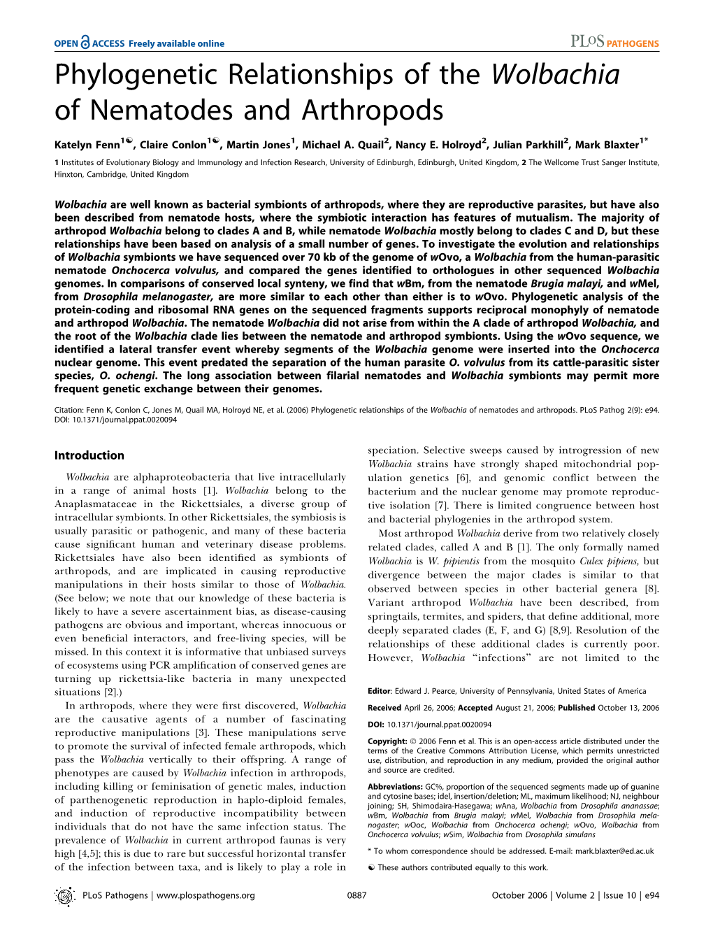 Phylogenetic Relationships of the Wolbachia of Nematodes and Arthropods