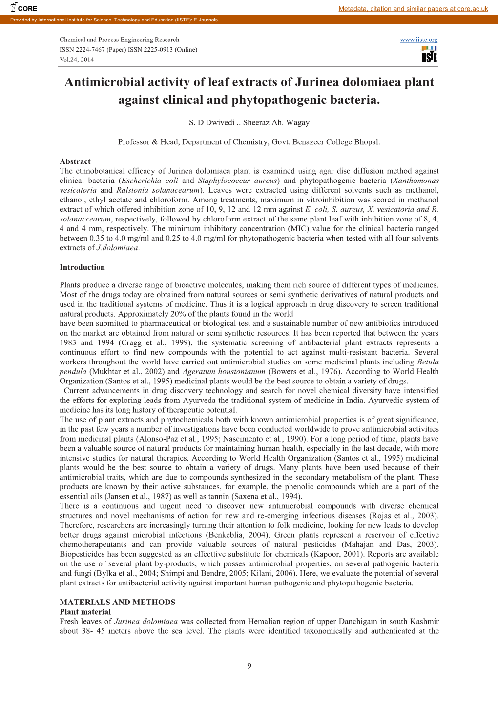 Antimicrobial Activity of Leaf Extracts of Jurinea Dolomiaea Plant Against Clinical and Phytopathogenic Bacteria