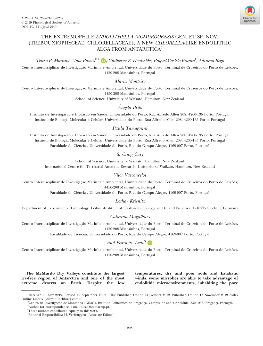 The Extremophile Endolithella Mcmurdoensis Gen. Et Sp. Nov