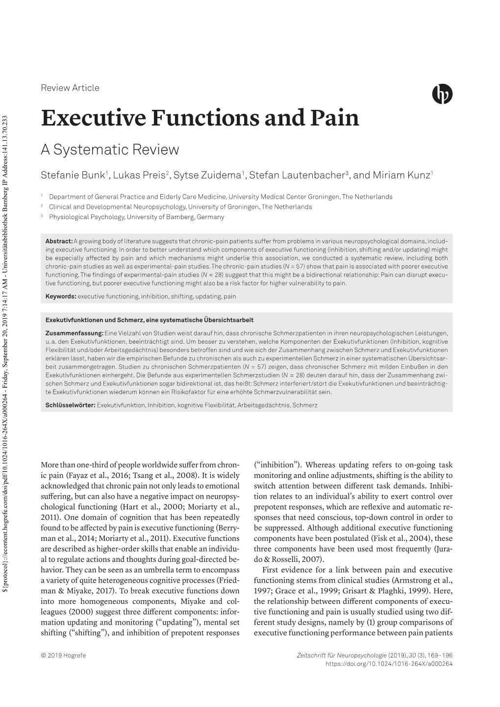 Executive Functions and Pain. a Systematic Review