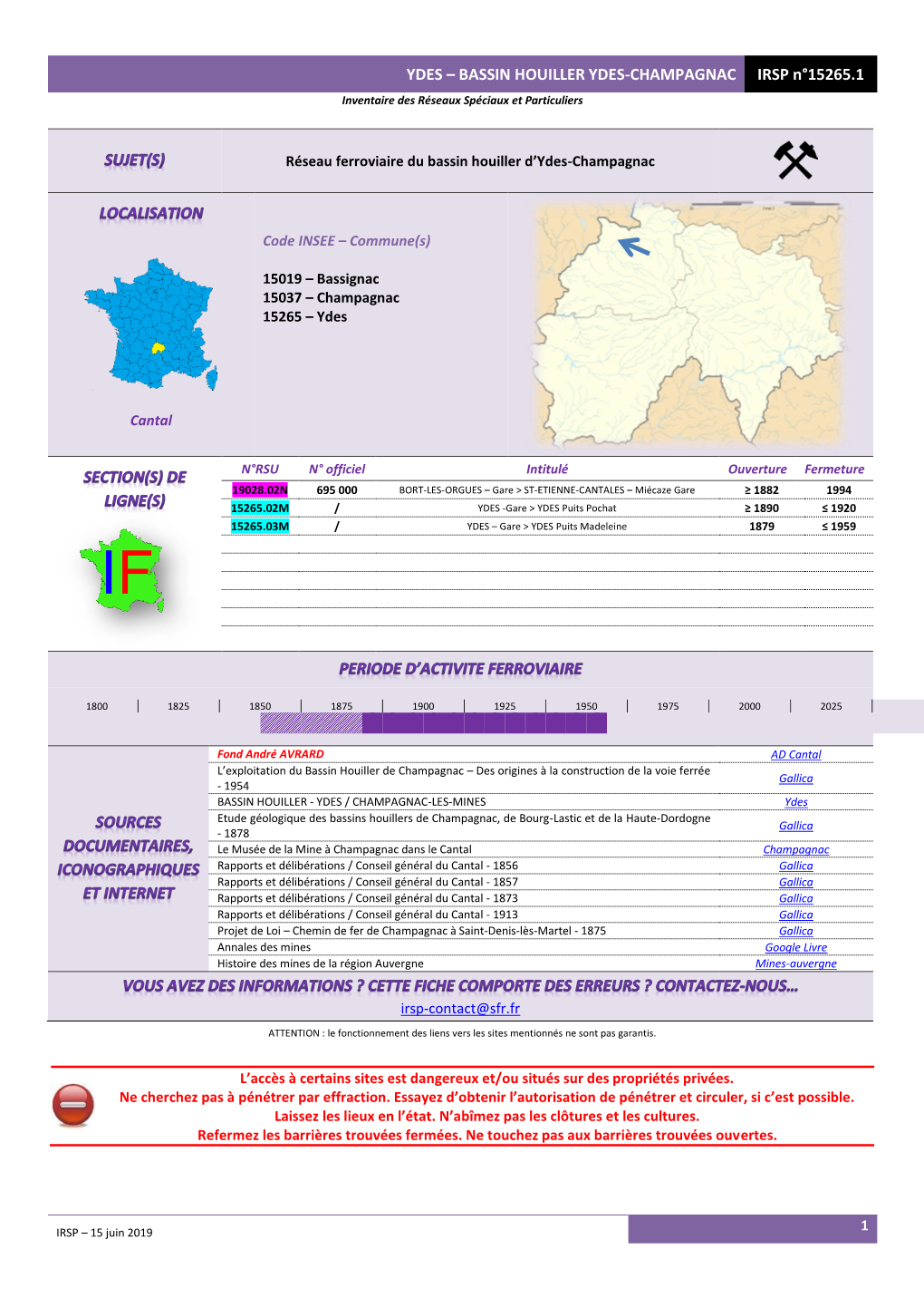 YDES – BASSIN HOUILLER YDES-CHAMPAGNAC IRSP N°15265.1 Inventaire Des Réseaux Spéciaux Et Particuliers