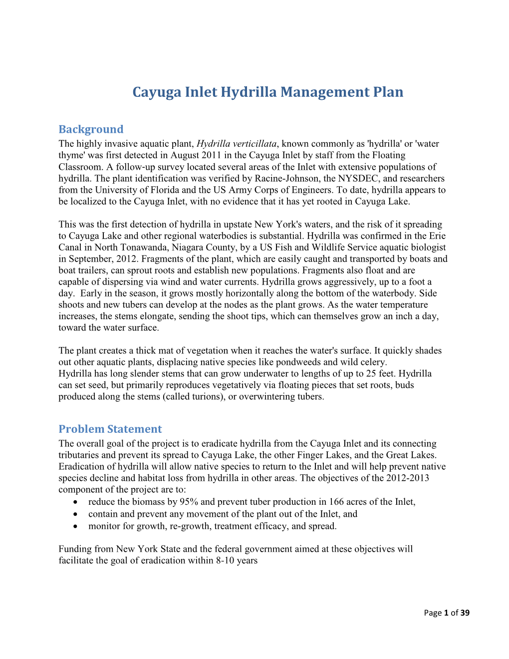 Cayuga Inlet Hydrilla Management Plan