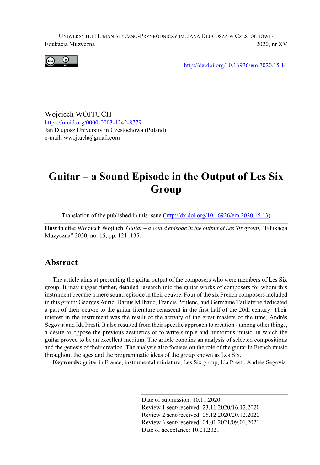 Guitar – a Sound Episode in the Output of Les Six Group