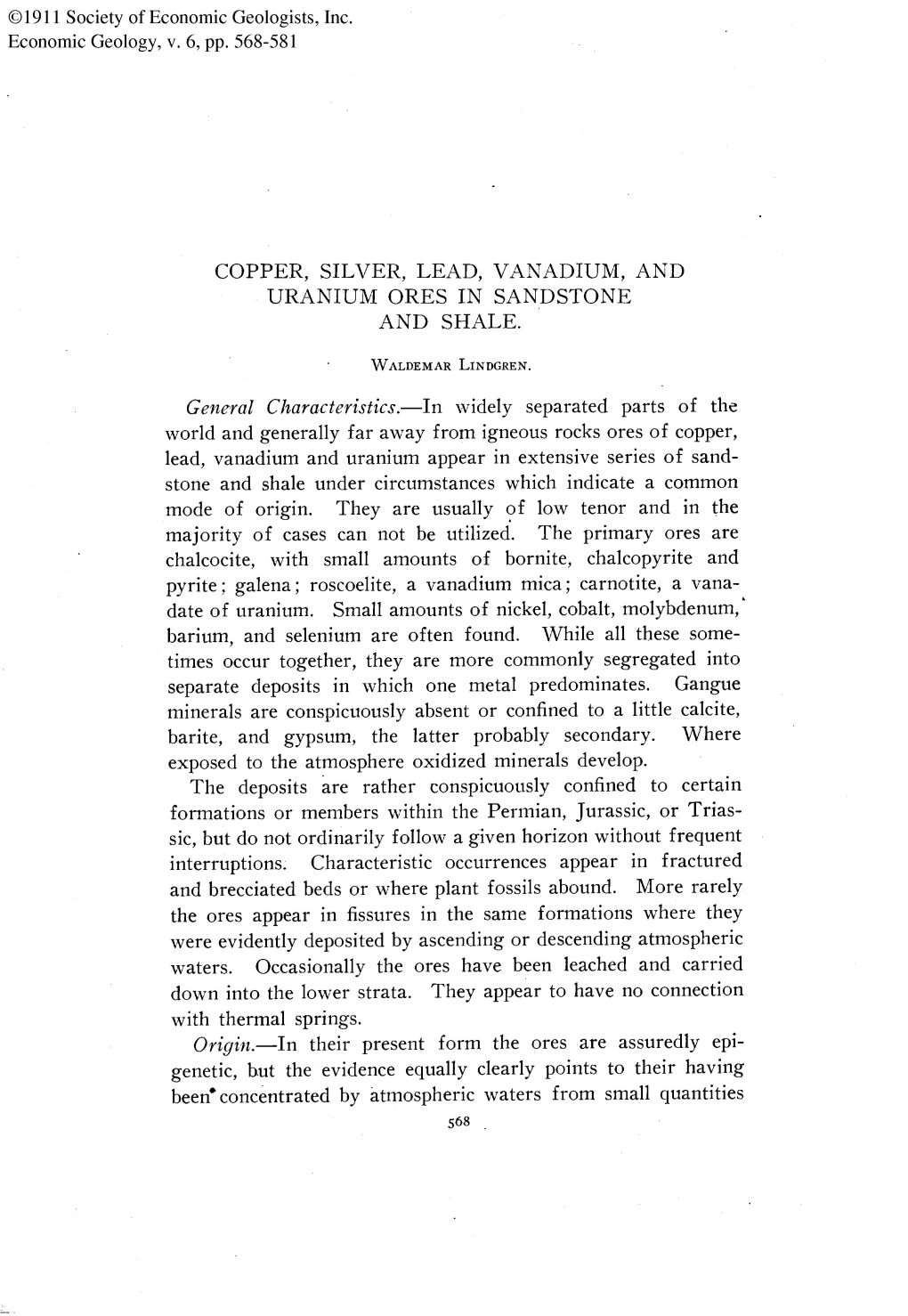 Copper, Silver, Lead, Vanadium, and Uranium Ores in Sandstone and Shale