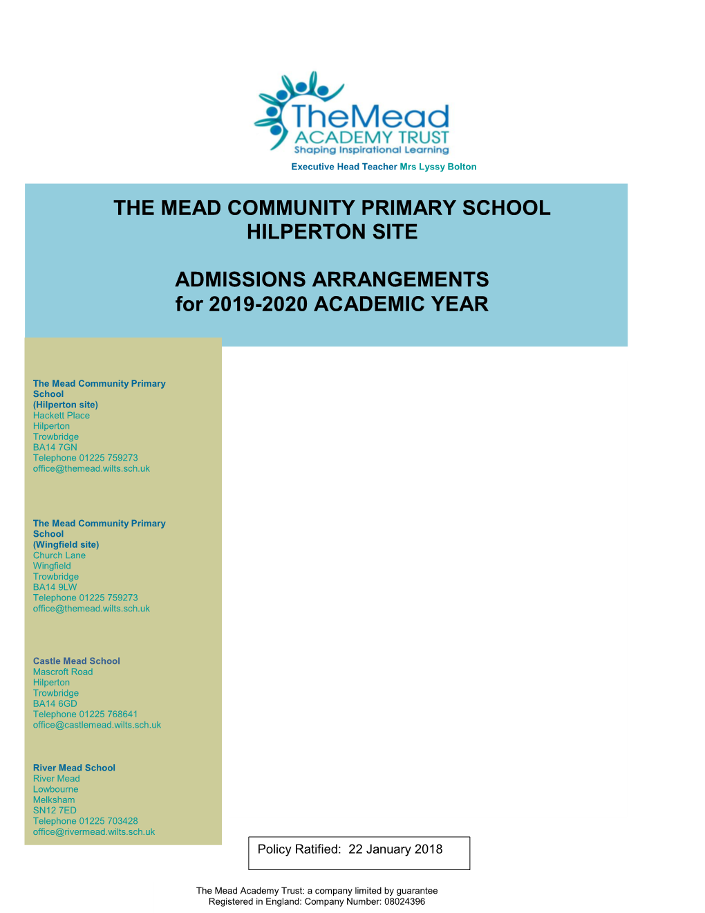 THE MEAD COMMUNITY PRIMARY SCHOOL HILPERTON SITE ADMISSIONS ARRANGEMENTS for 2019-2020 ACADEMIC YEAR